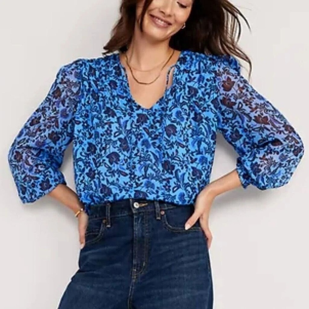 Old Navy Womens XL Blue Floral Poet Swing Bohemian Chiffon Top Shirt Blouse